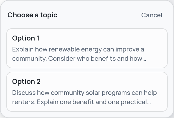 Choose Option 1 or Option 2 in the actual Answer panel.