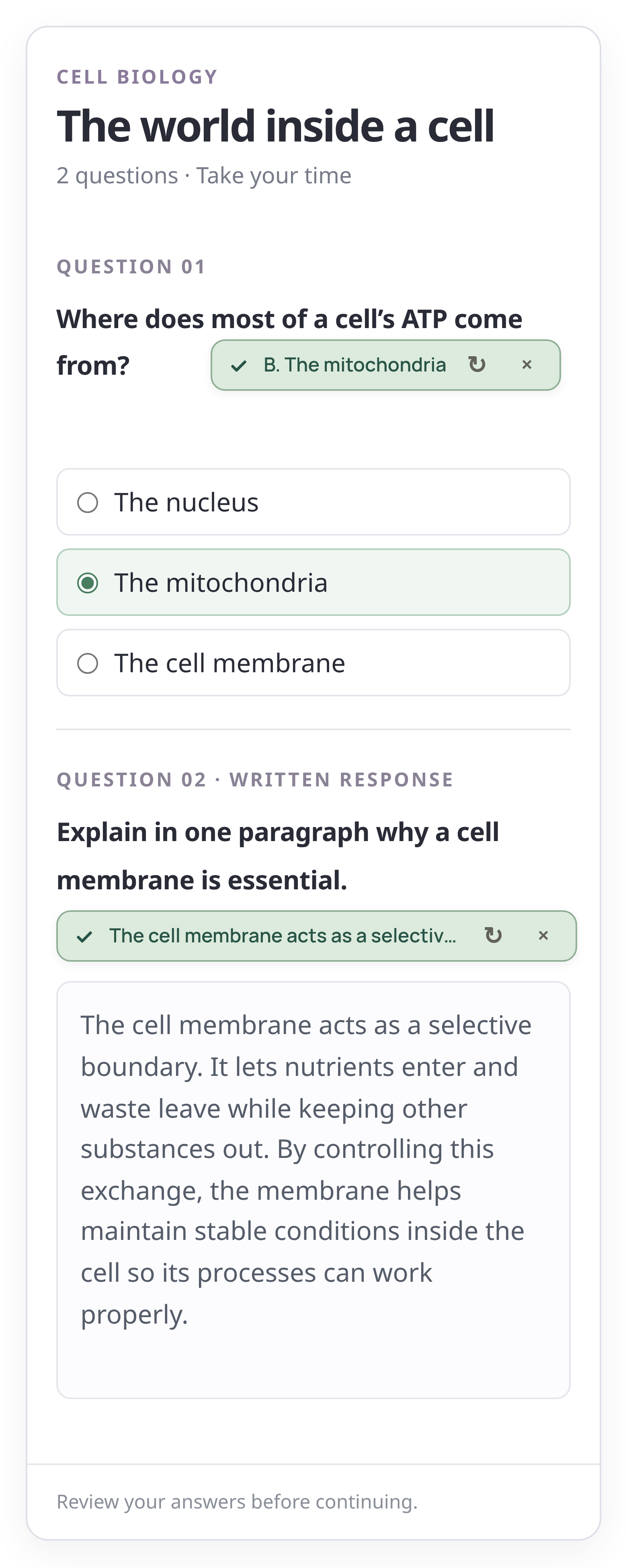 Classglide fills a multiple-choice question and a short written answer in a sample biology assignment, with its complete floating card alongside.
