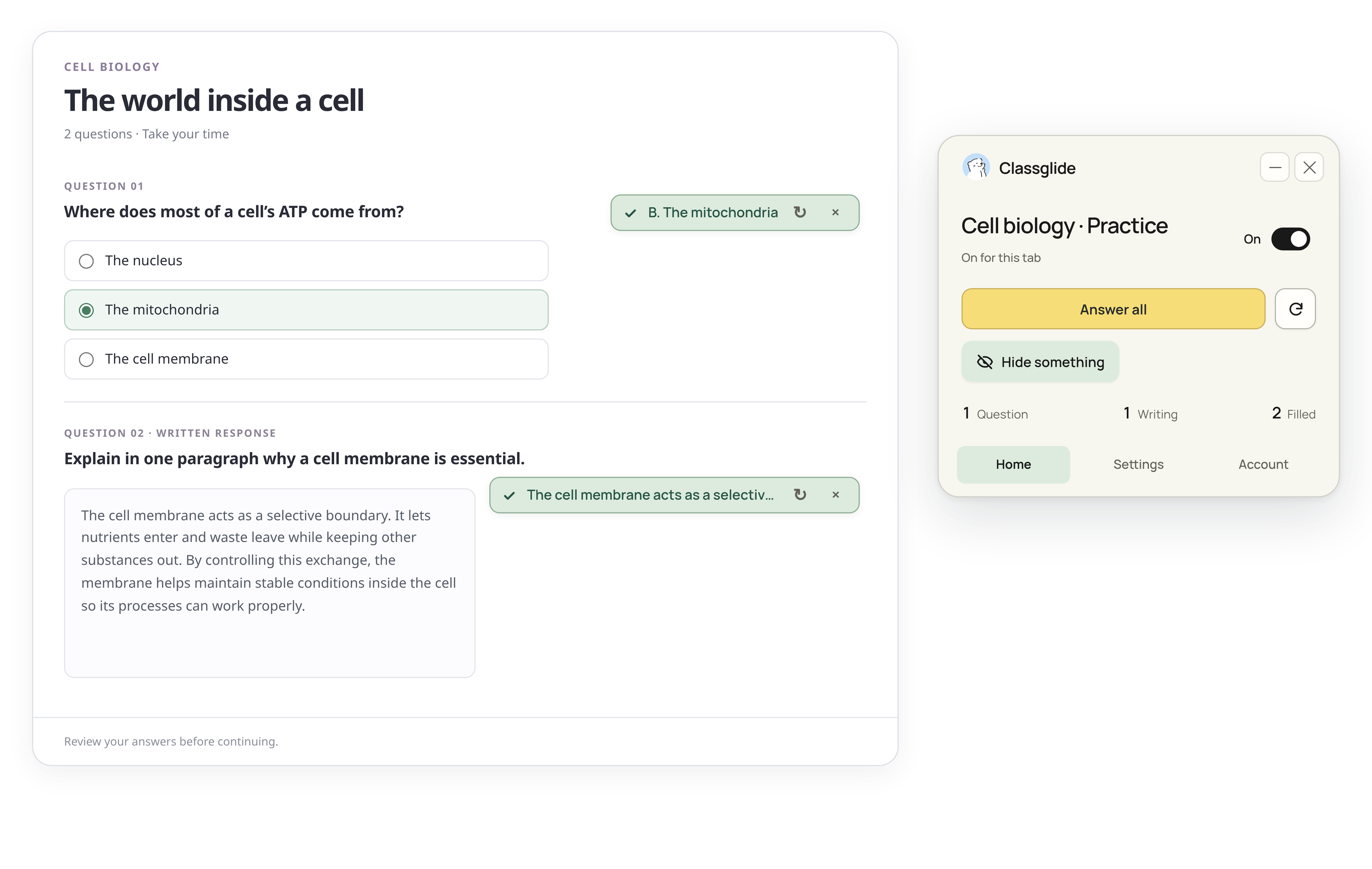 Classglide fills a multiple-choice question and a short written answer in a sample biology assignment, with its complete floating card alongside.