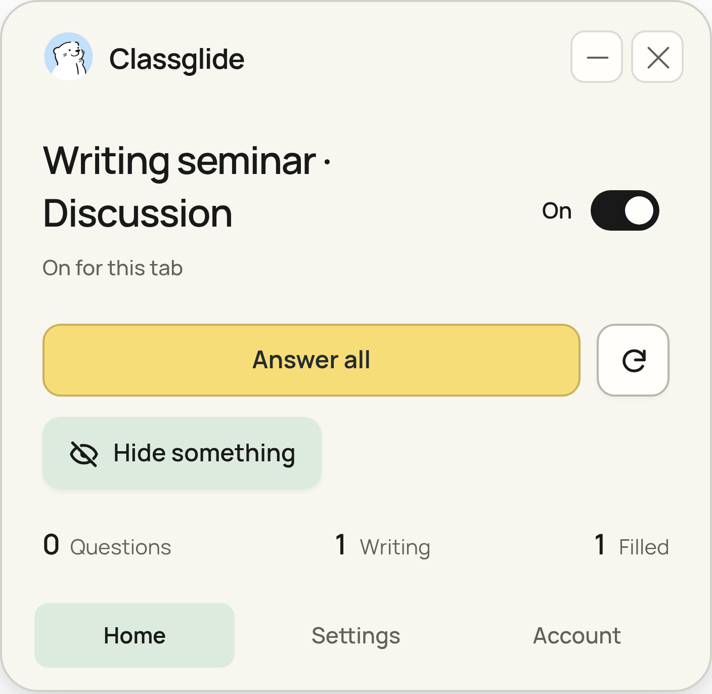 The complete Classglide card shows the filled response and its answering controls.
