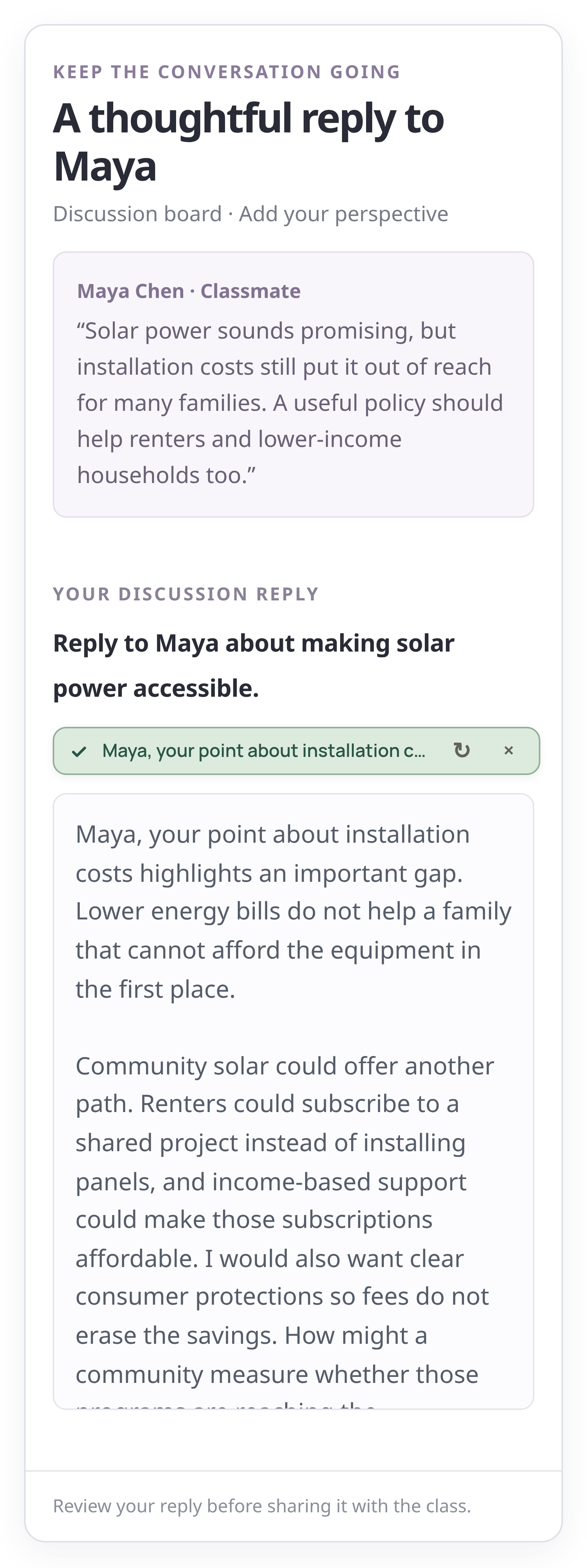 Classglide writes a response to fictional classmate Maya Chen in a sample discussion, with the entire floating card visible.