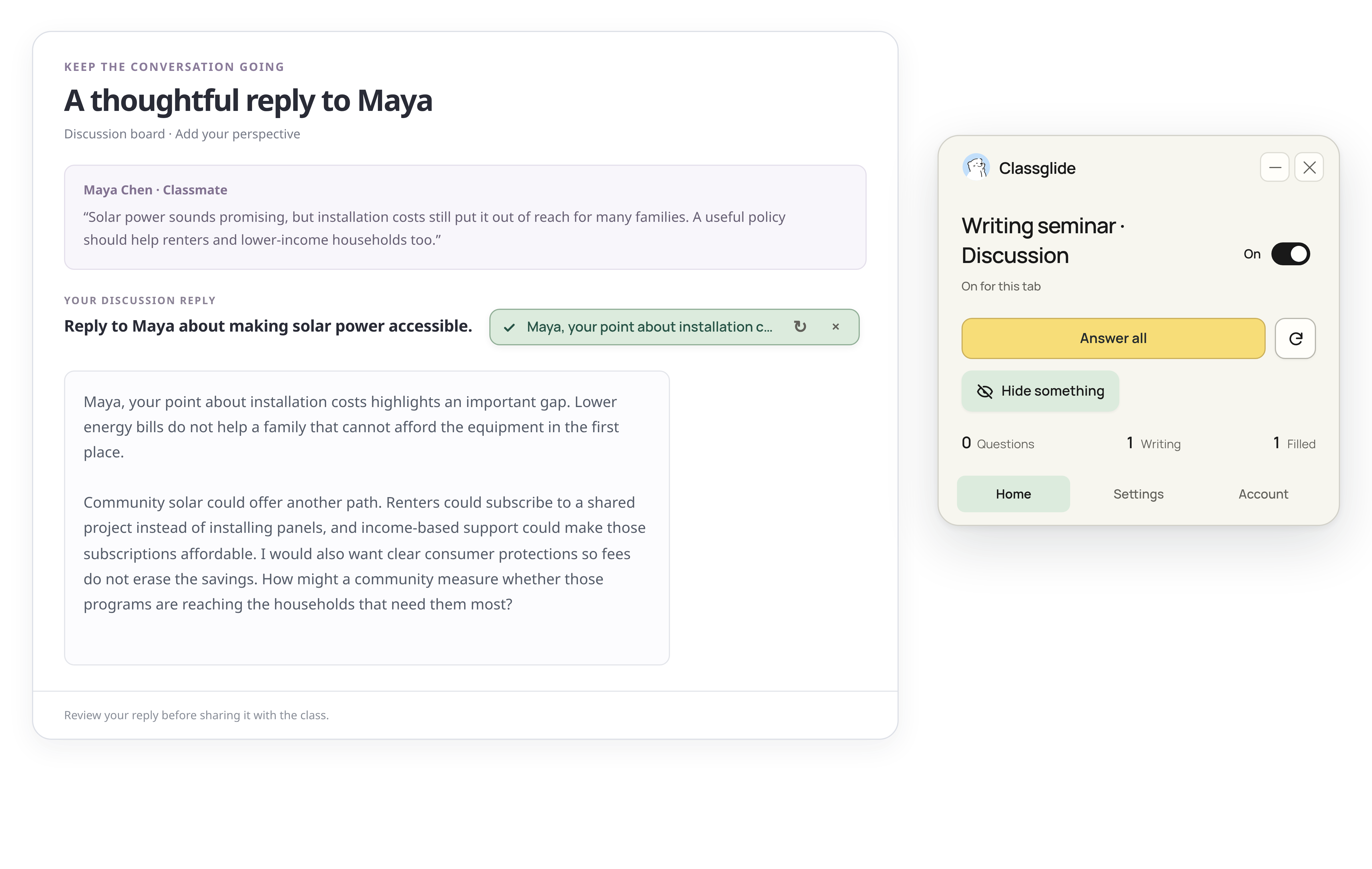 Classglide writes a response to fictional classmate Maya Chen in a sample discussion, with the entire floating card visible.