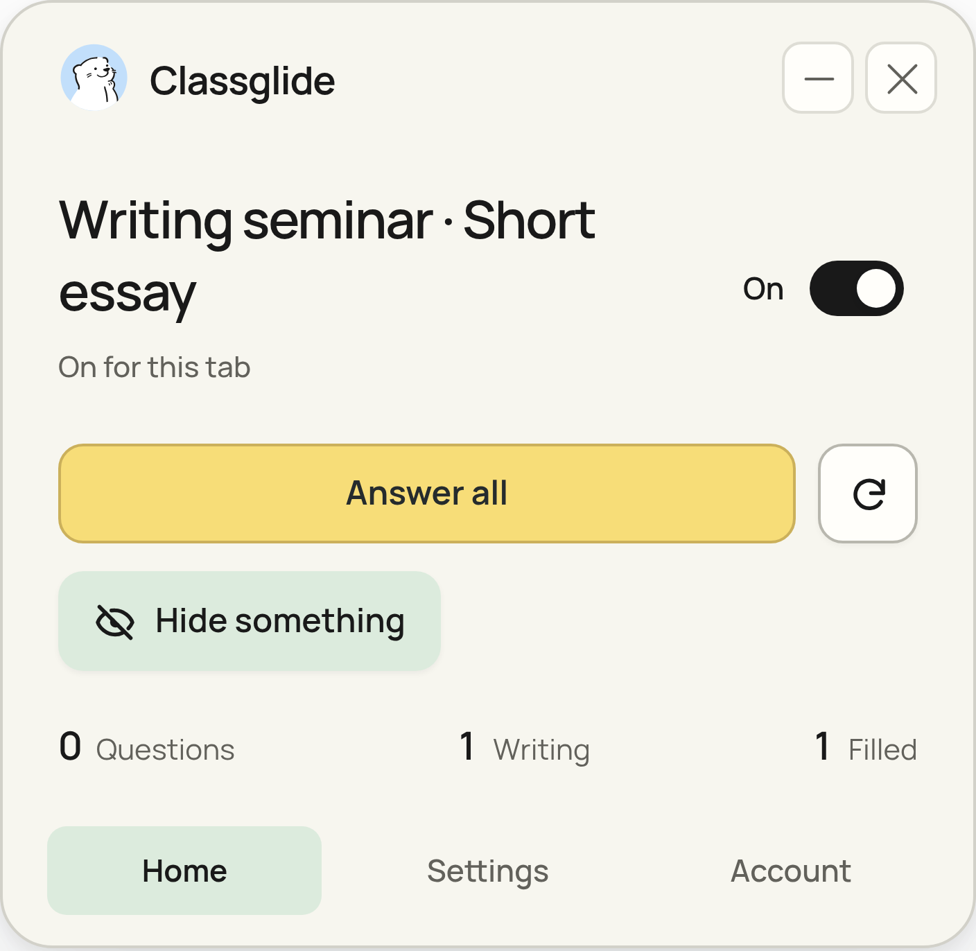 The complete Classglide card shows the filled response and its answering controls.
