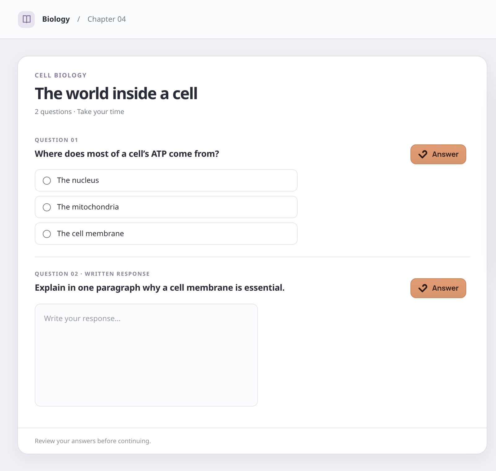 Choose the Answer button beside one biology question.