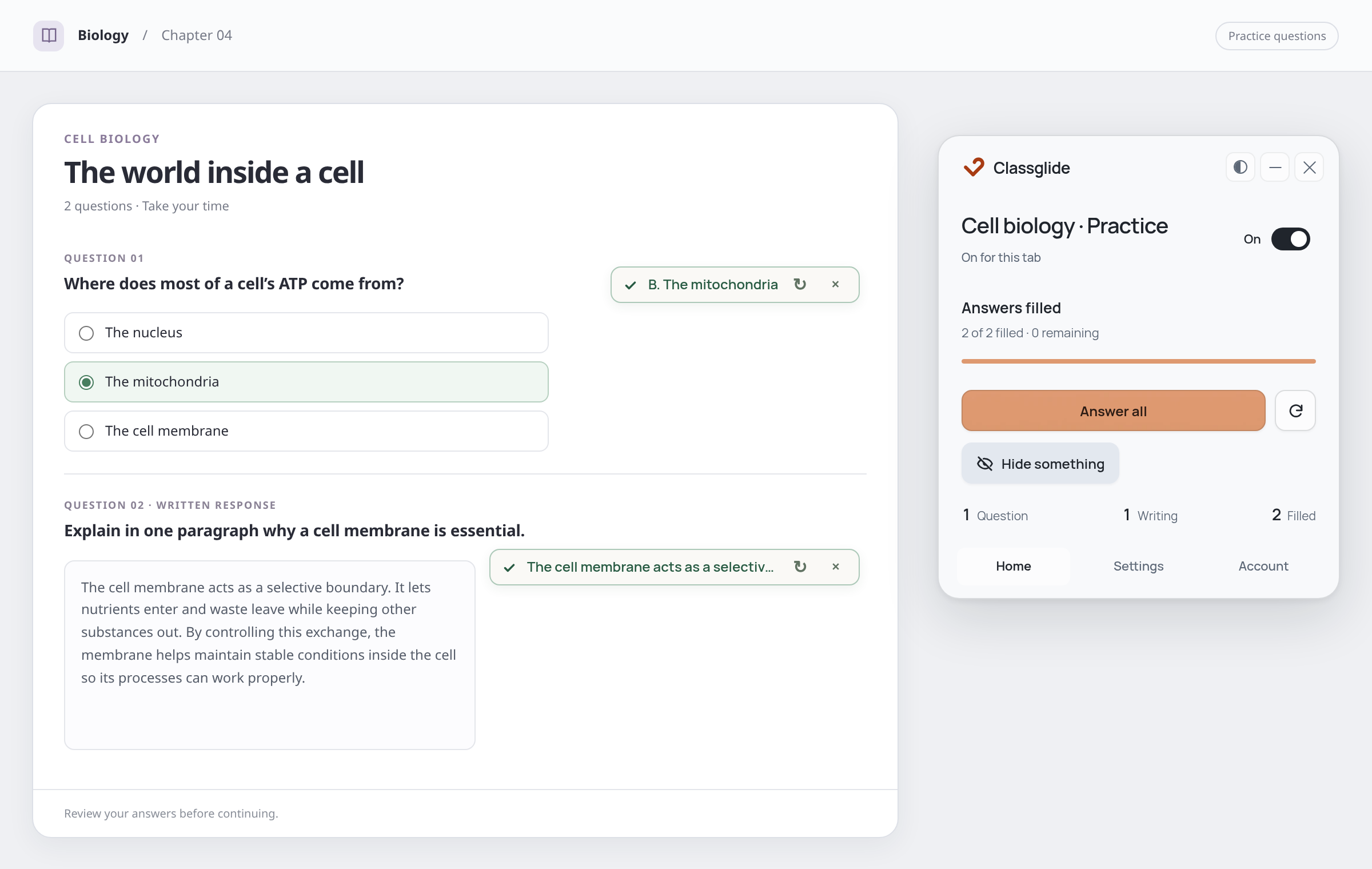 The actual Classglide extension with a multiple-choice answer and written response filled on a sample biology page.